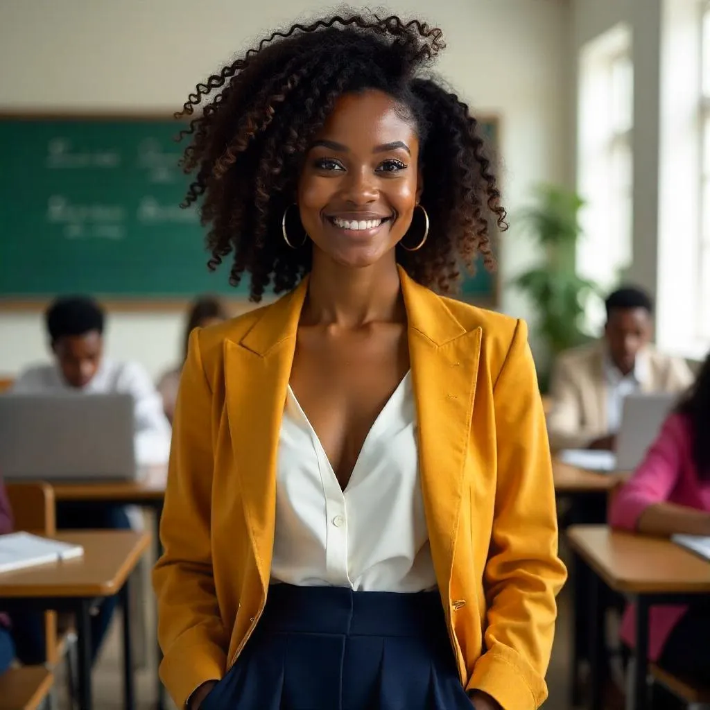 Photorealistic Stylish Black Woman in a Classroom