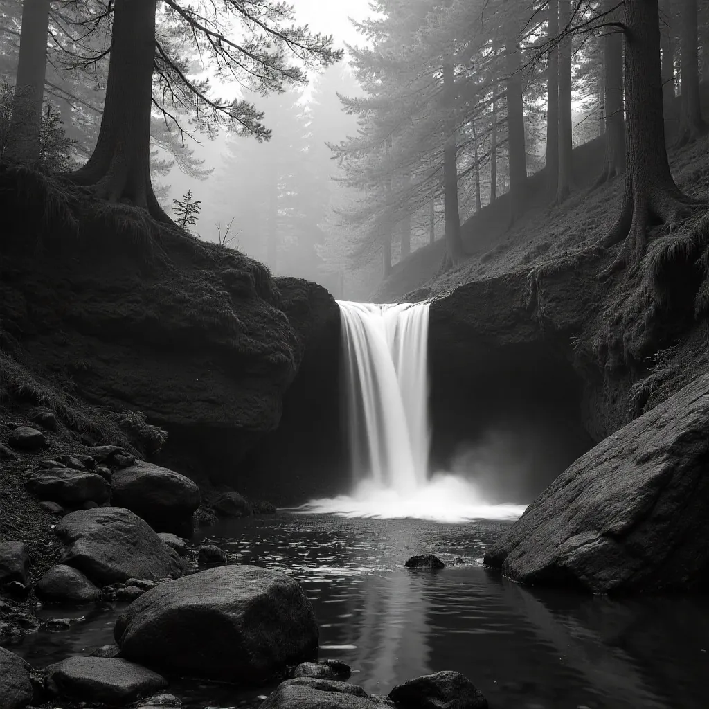 Silent Monochrome Waterfall in the Forest