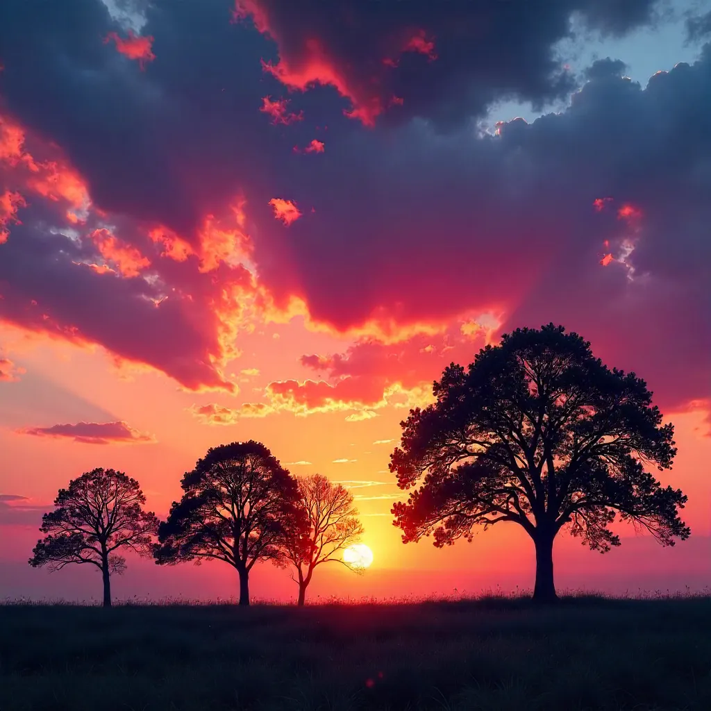 Silhouetted Trees Against a Dramatic Sunset