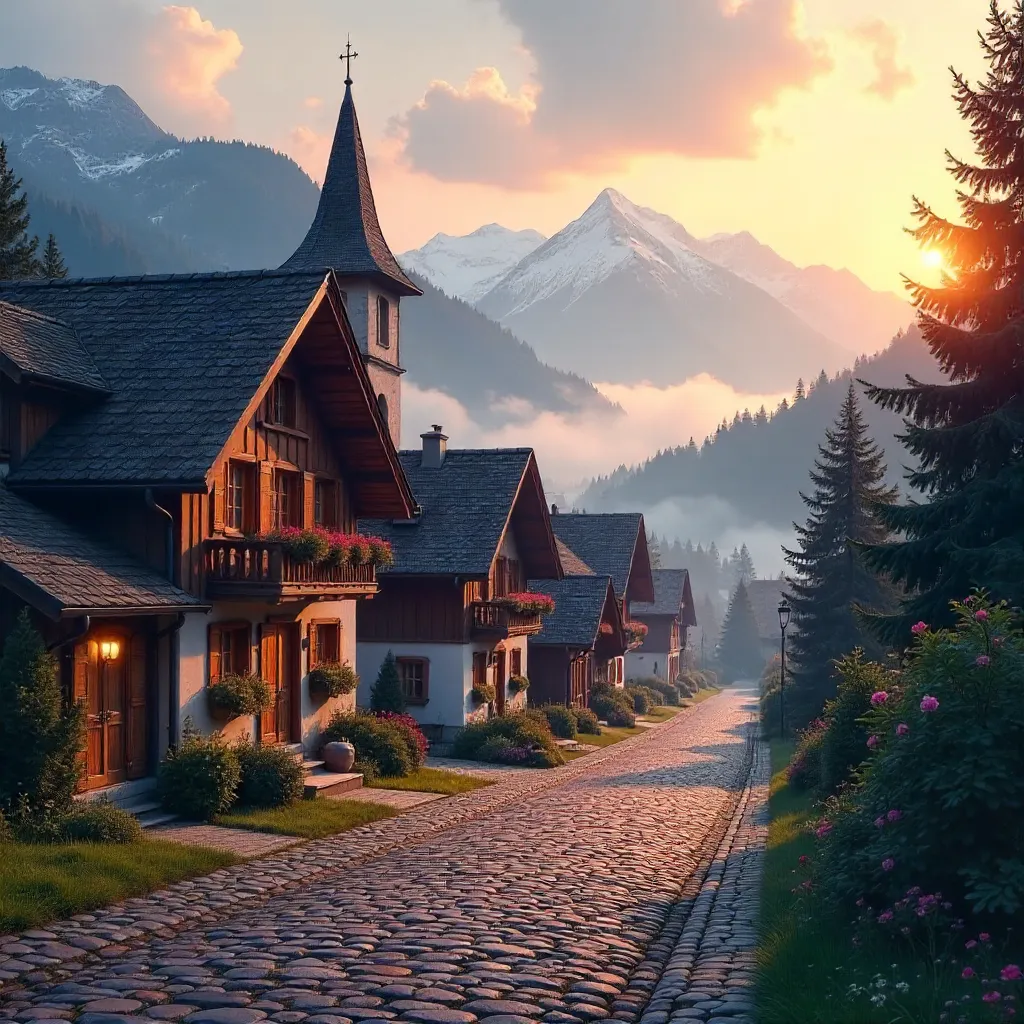 Alpine Village at Dawn: Church and Misty Hills