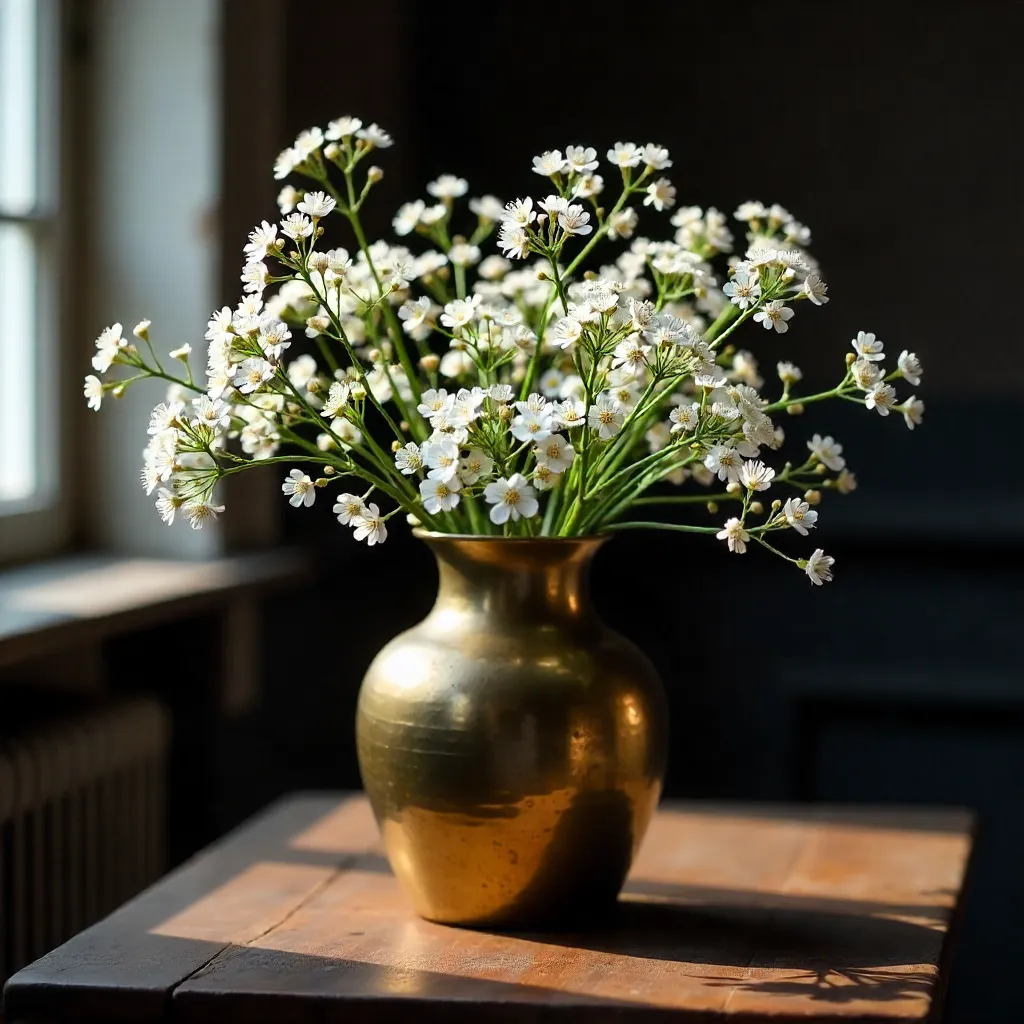 Gypsophila in Rustic Brass Vase: Dramatic Shadows
