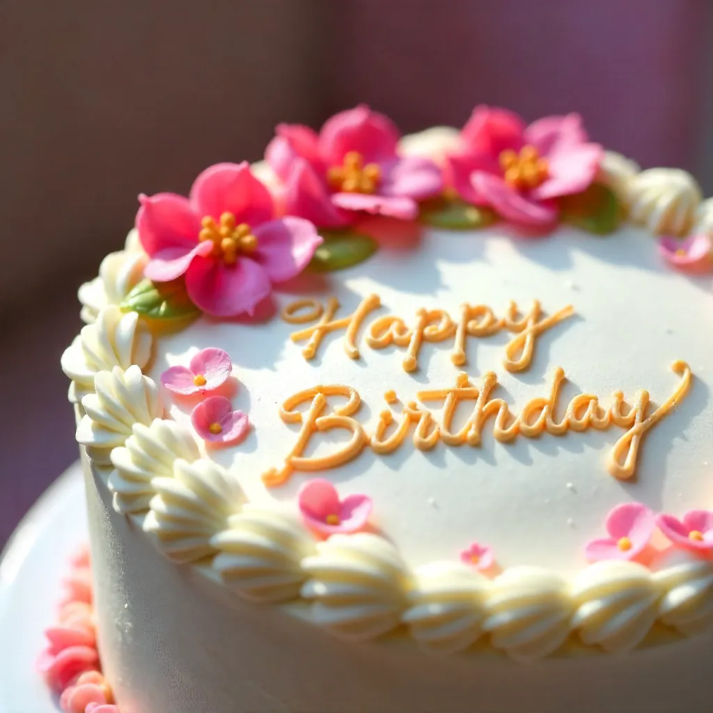 Close-Up Cake with Pink Flowers and Happy Birthday