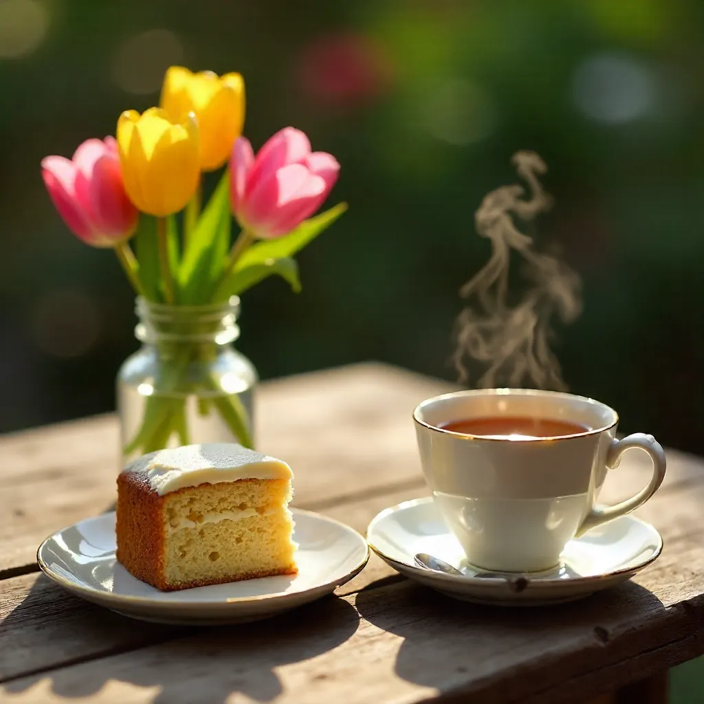 Serene Brunch: Cake Slice, Tulips, and Chai Tea