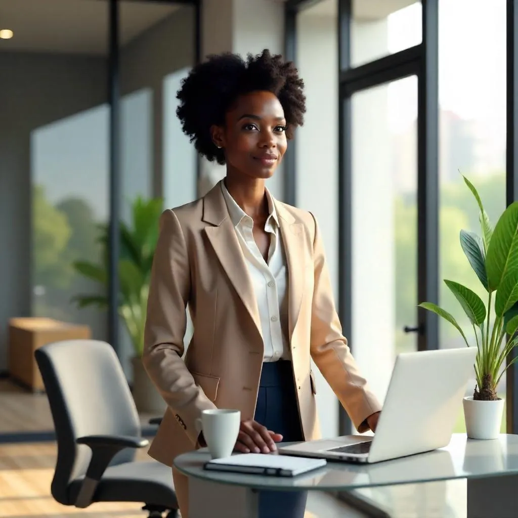 3D Render: Elegant Black Woman in a Modern Office