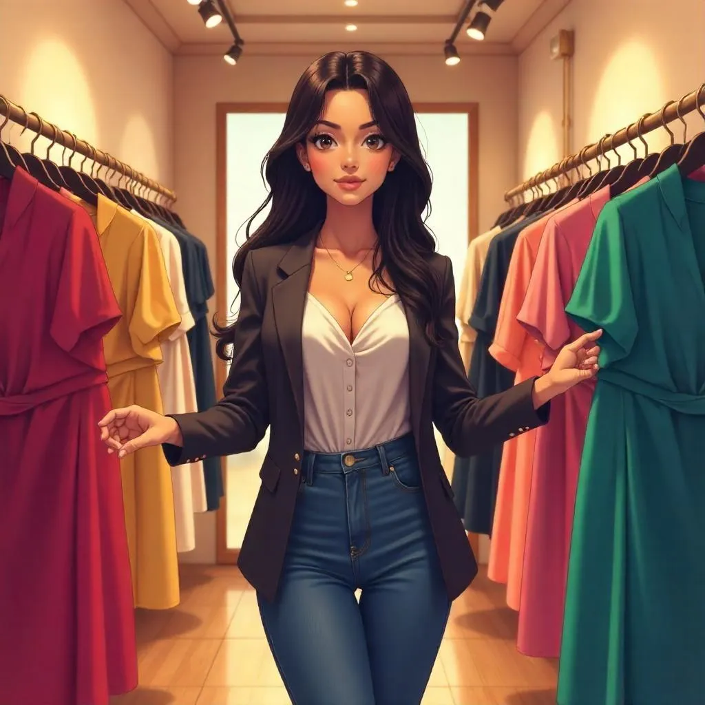 An Adult Latina Woman in an Anime-Style Boutique