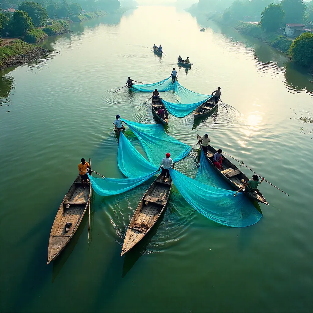 Aerial West Bengal Fishermen with Blue Nets