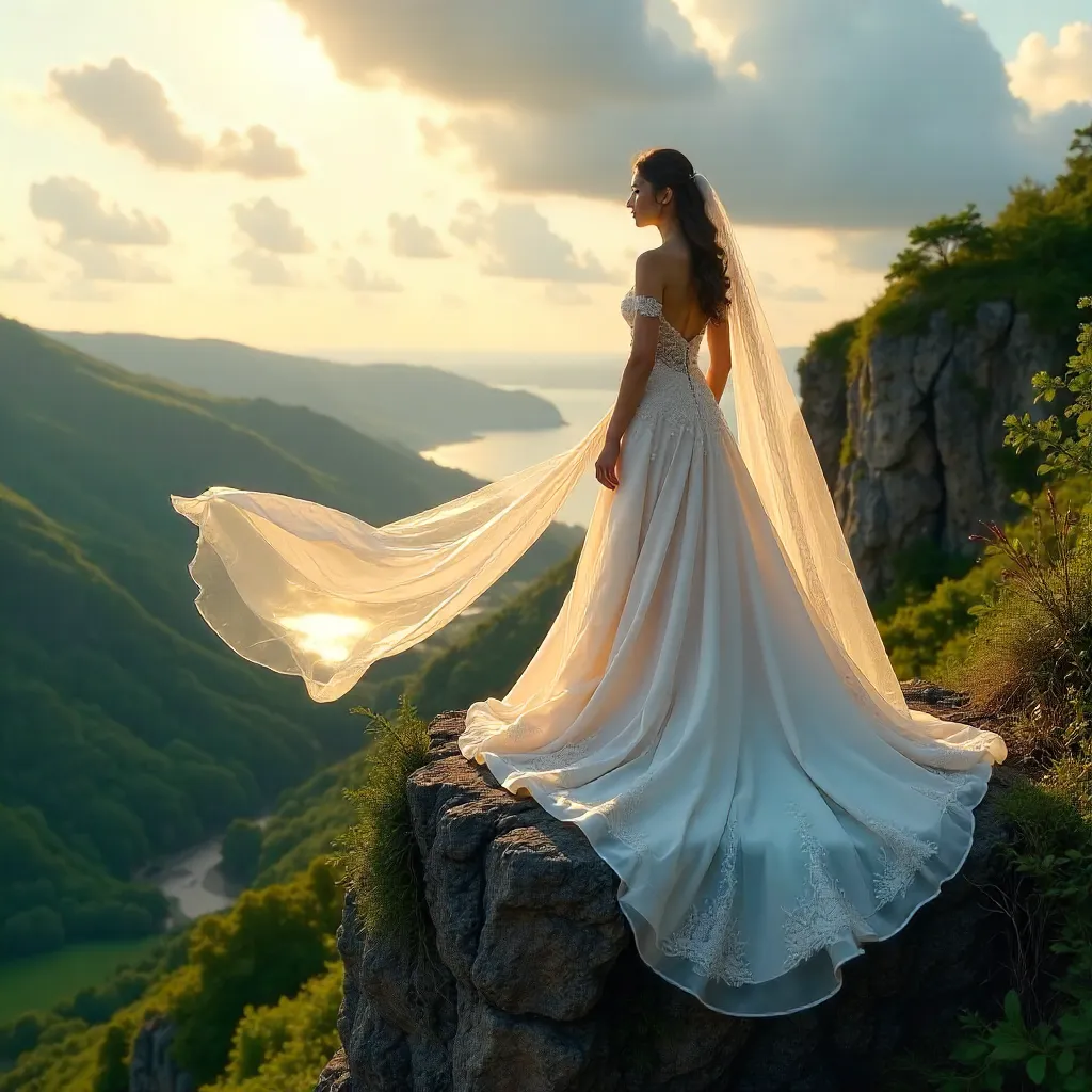 Bride on Cliff with Flowing Veil and Lush Landscape