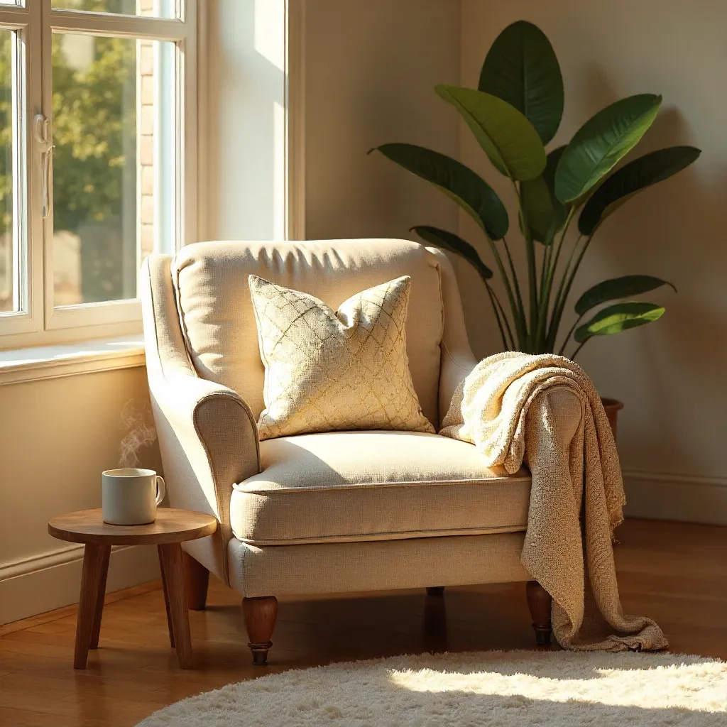Sunlit Cozy Chair with Pillow and Coffee