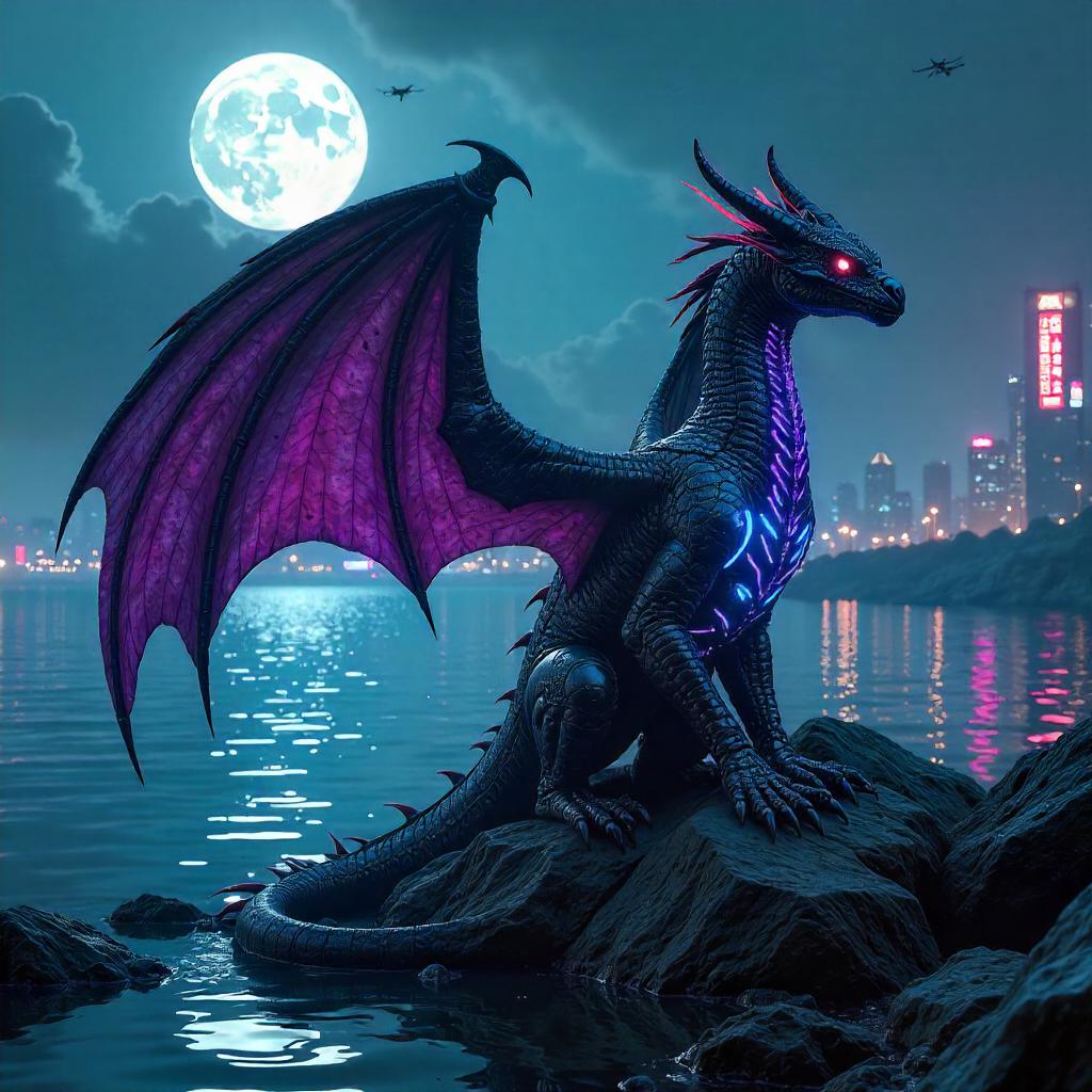 Neon Wyvern by the Cyberpunk Lake