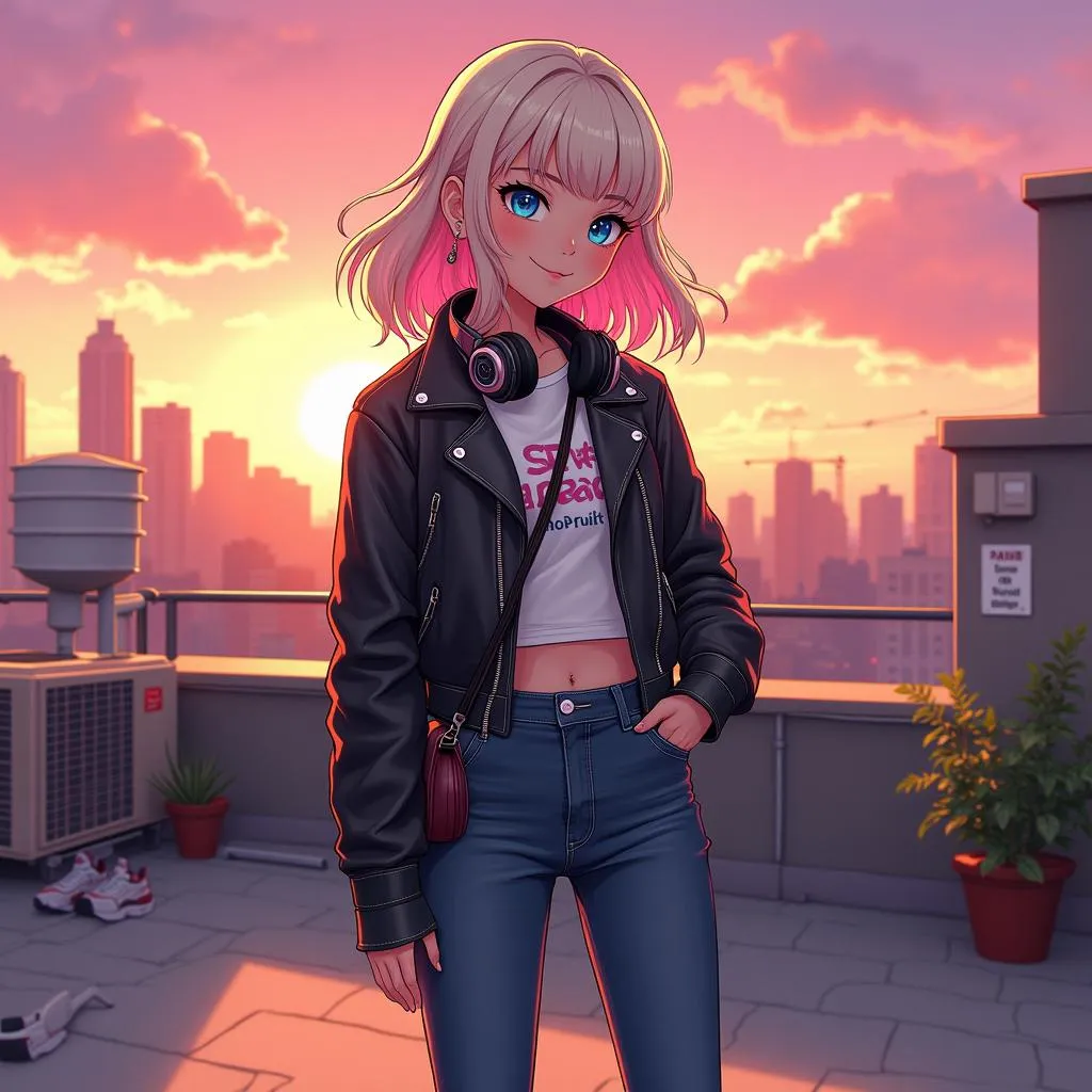 Rooftop Style: Anime White Girl at Sunset