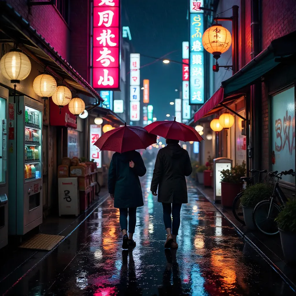 Umbrella Night in Neon Tokyo Alley