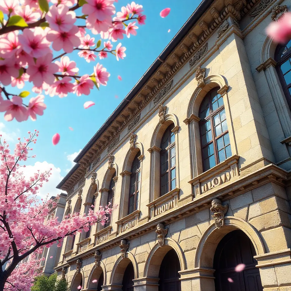 Spring Cherry Blossoms over a Historic Building