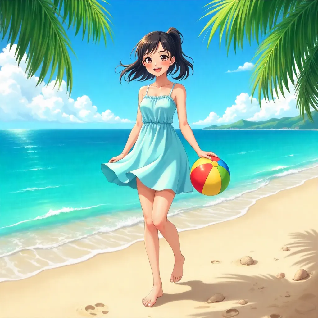 Cheerful Asian Woman on a Sunny Beach (Anime)
