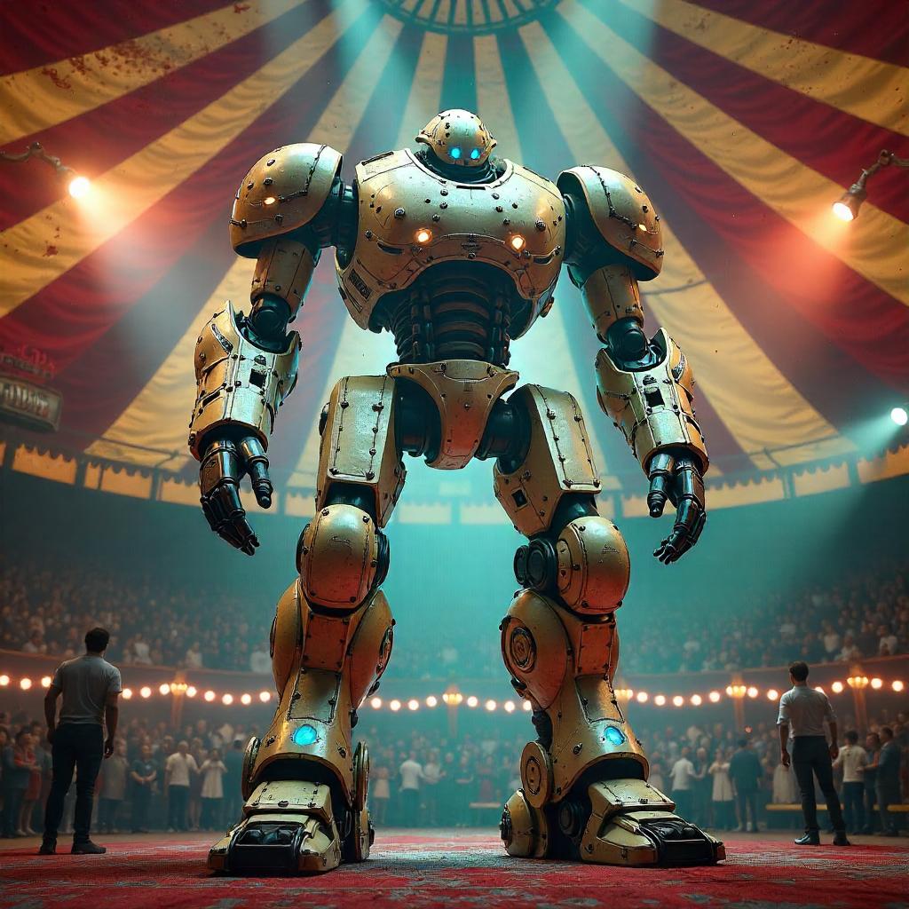 Mech Suit in a Neon Circus Tent (Digital Art)