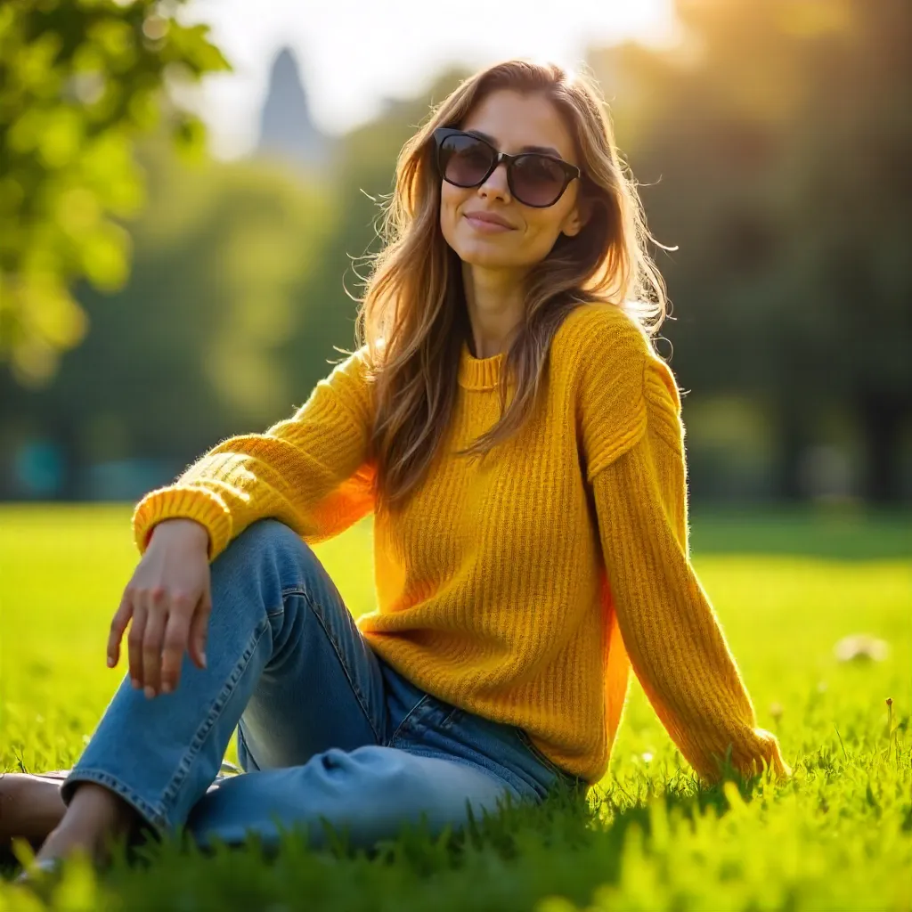 Sunny Grassside Chic: Woman in Yellow Sweater