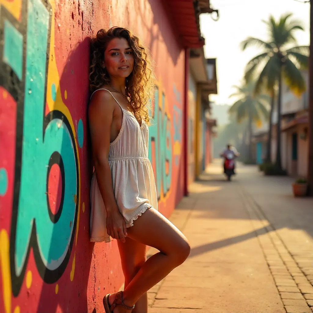 Curly-Haired Woman by a Red Graffiti Wall in Goa