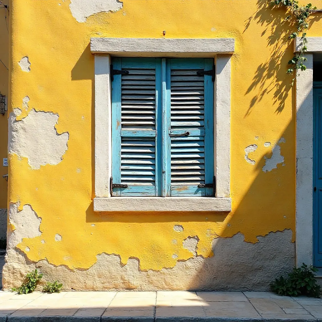 Corfu Rustic Wall: Peeling Yellow and Closed Shutters