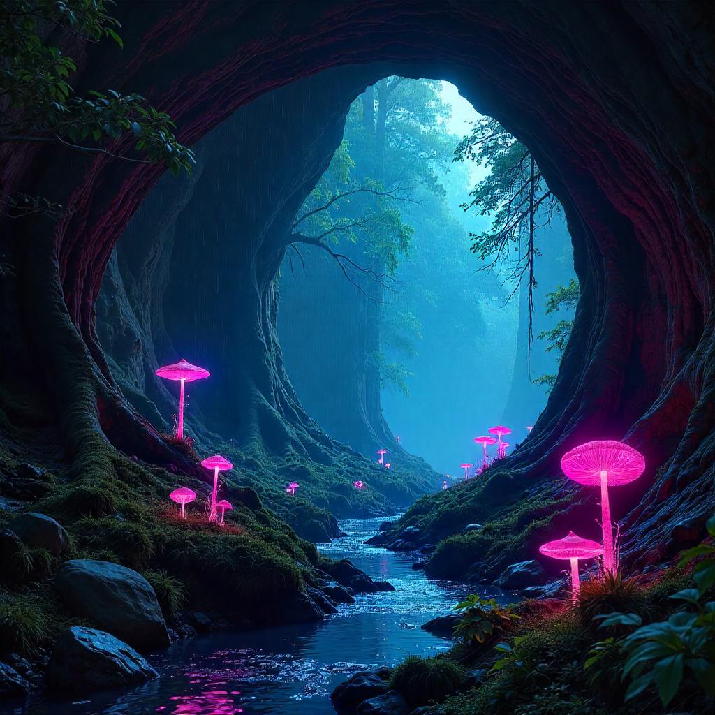 Neon Cavern Beneath the Redwood Forest