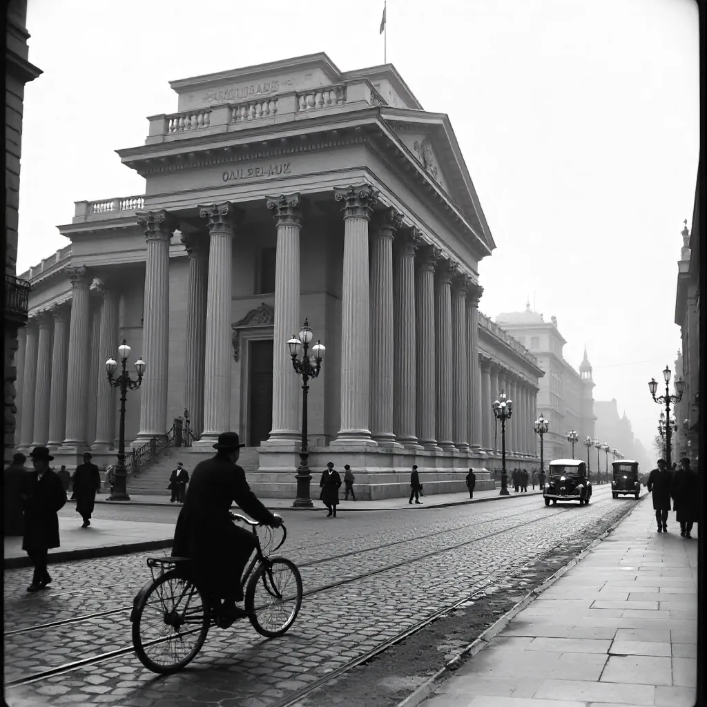 Monochrome Urban Scene: Classical Building & Cyclist
