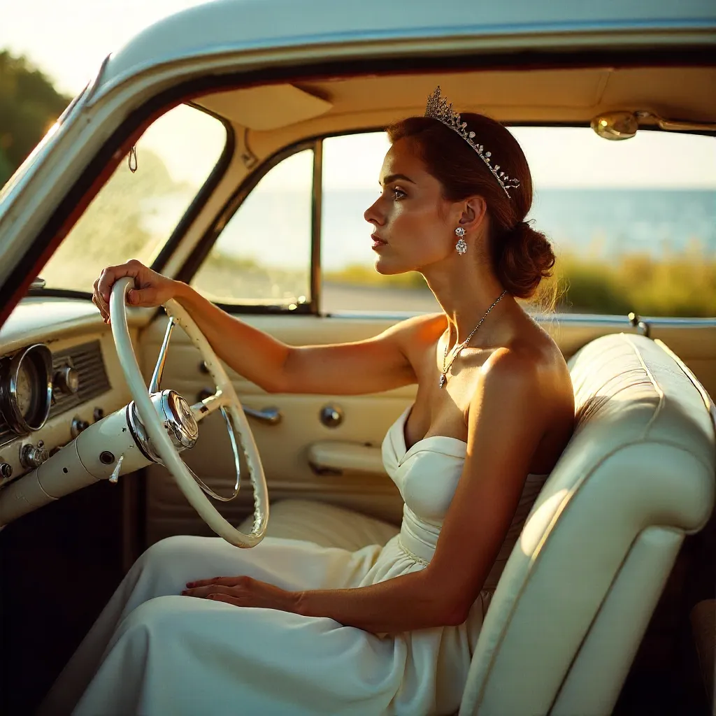Gazing in a Classic Car: White Dress and Tiara
