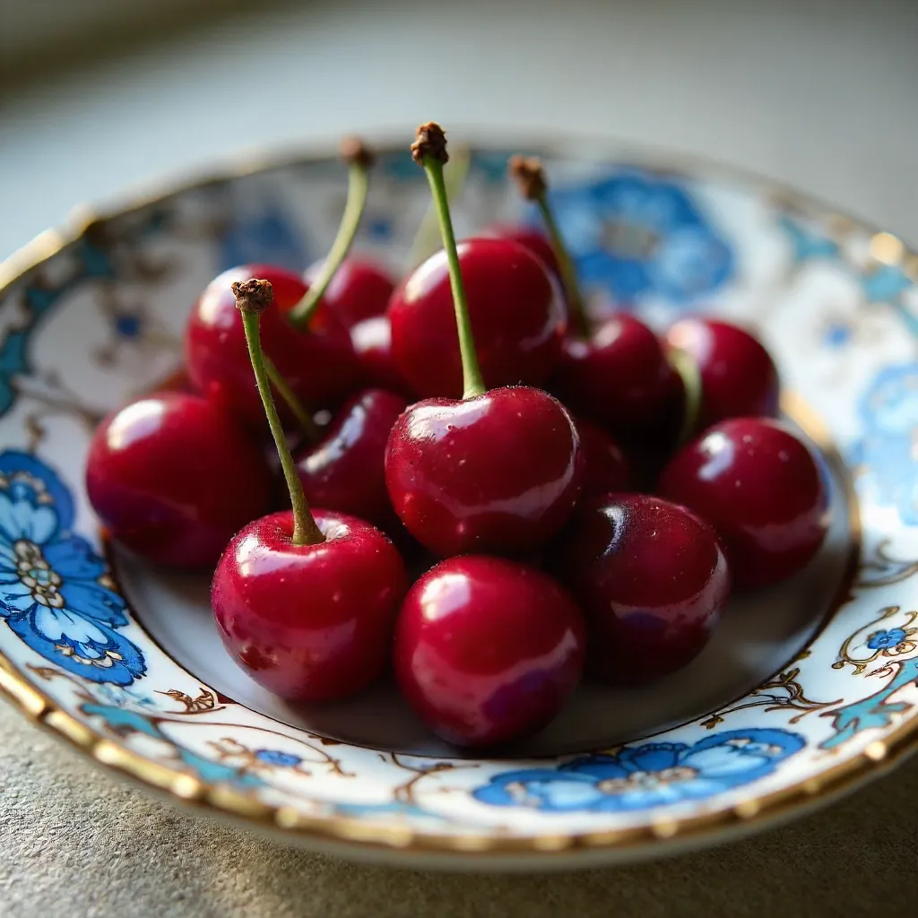 Close-Up Cherries on Ornate Plate in Natural Light
