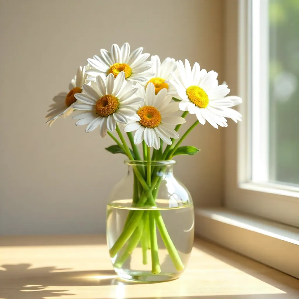 Sunlit White Daisies in a Glass Vase