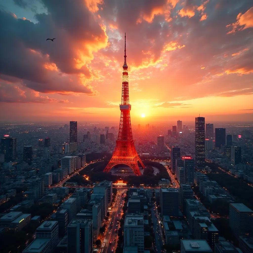 Dramatic Sunset Aerial View of Tokyo Tower