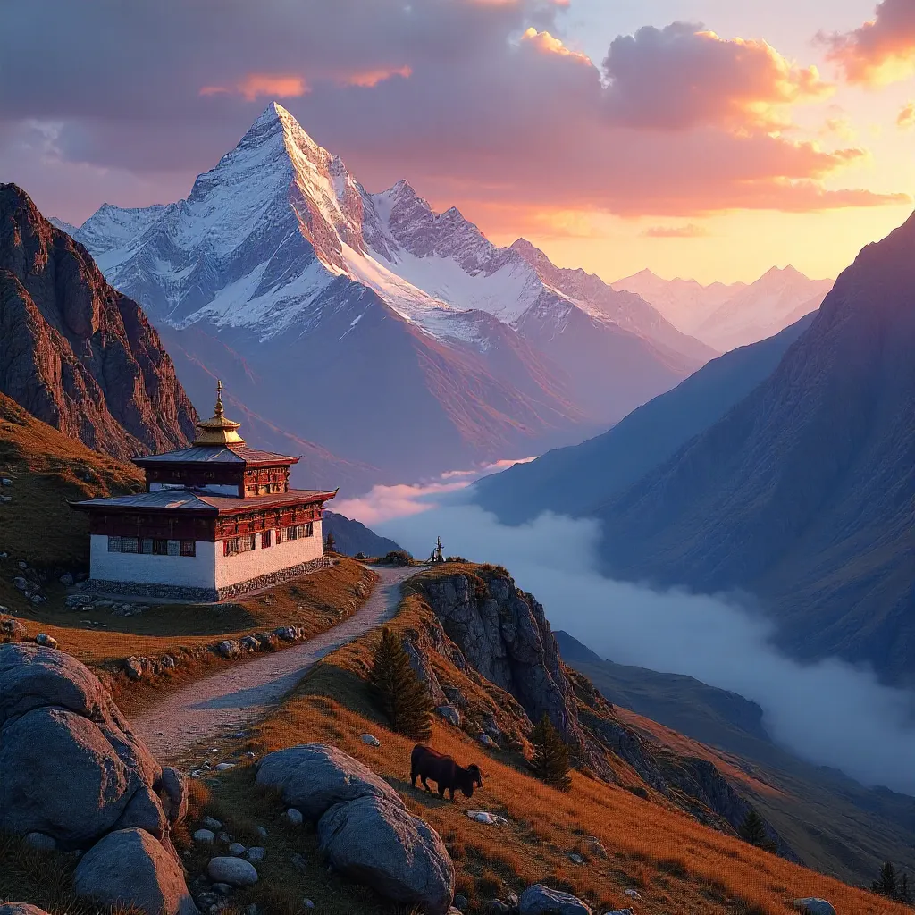 Sunset Over a Tibetan Village Beneath Snow-Capped Peaks