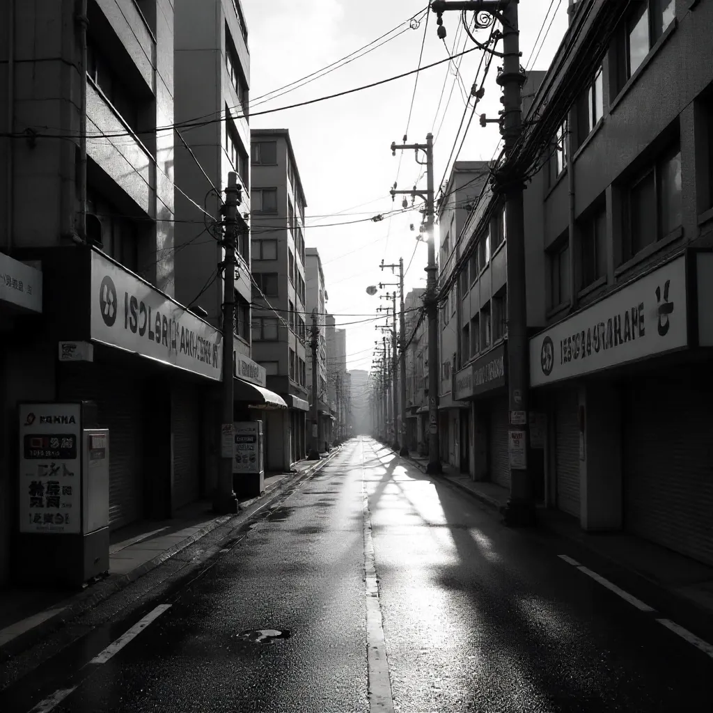Quiet Tokyo Street in Monochrome: Wires and Architecture