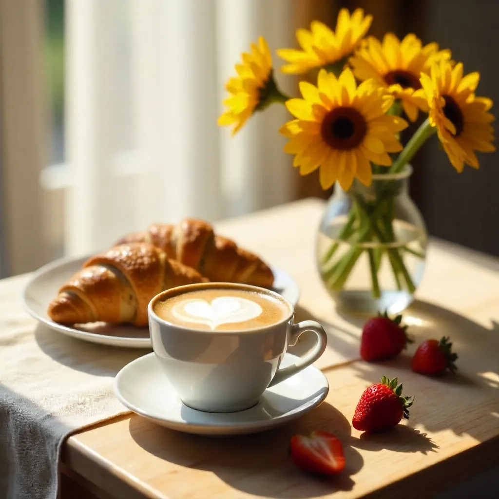 Cozy Morning: Cappuccino, Croissants, Strawberries, Yellow Flowers