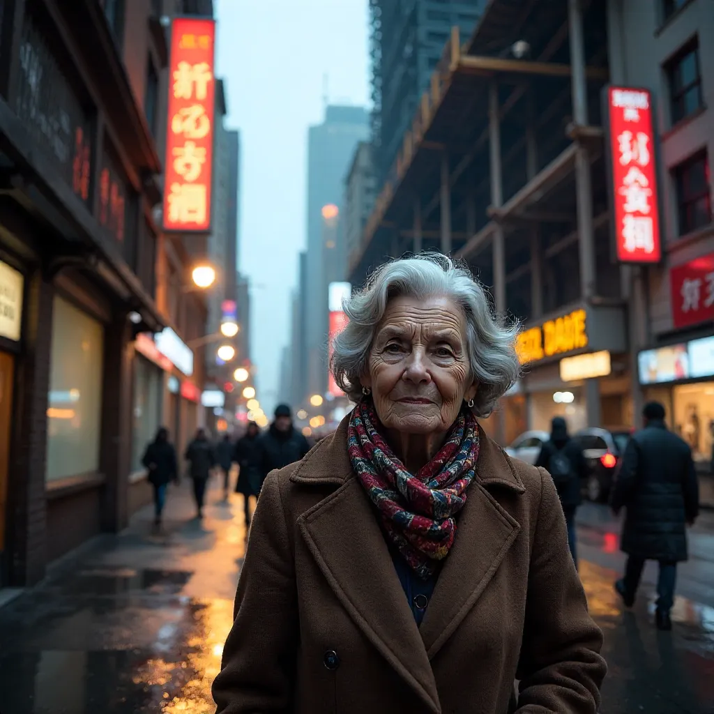Elderly Woman Walking Beneath a City Construction Site