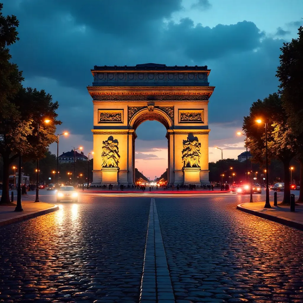 Twilight Arc de Triomphe with Car Light Trails