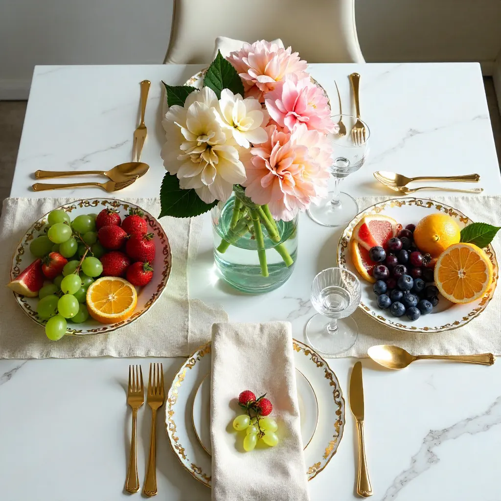 Top-View Table Setting: Fruits, Hydrangeas, and Elegant Plates