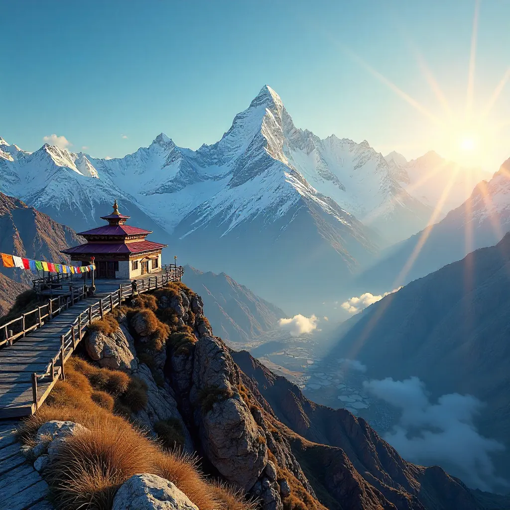 Prayer Flags over Himalayan Peaks of Nepal at Dawn