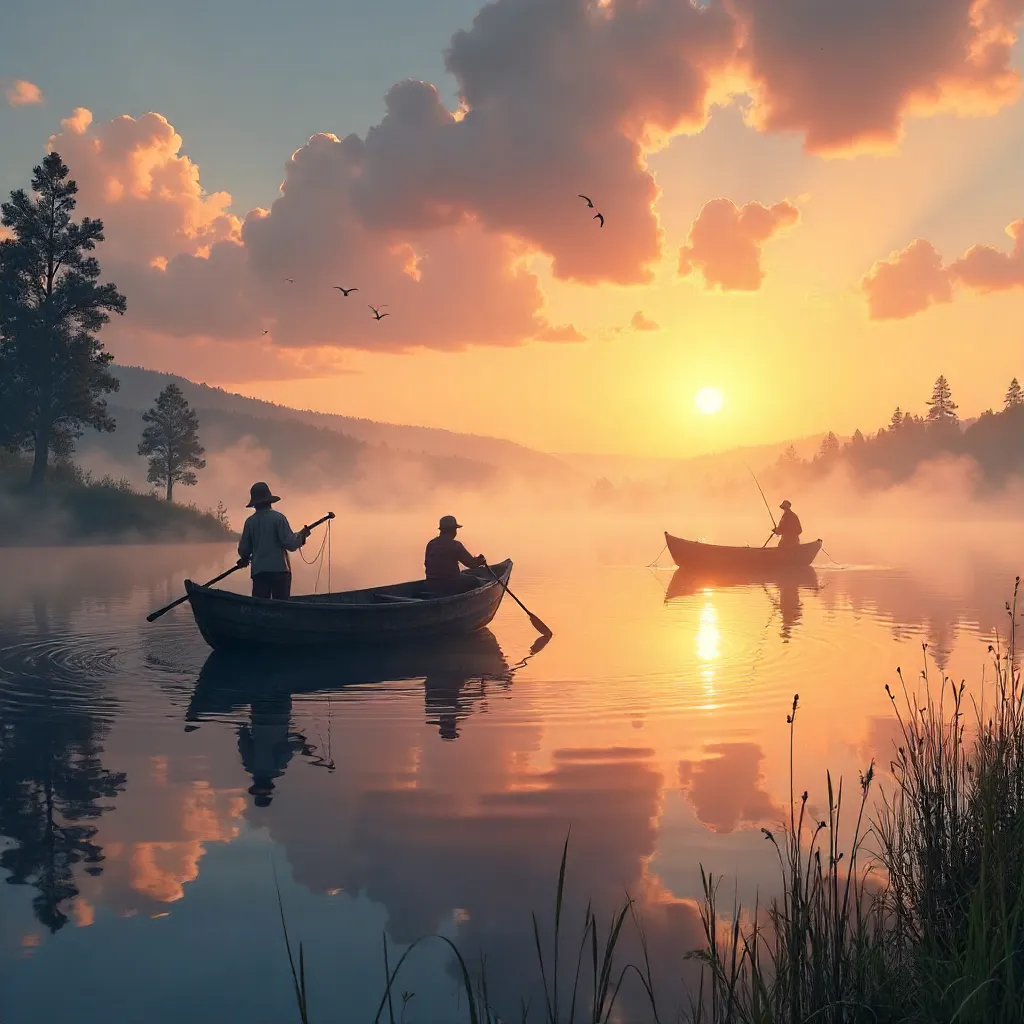 Sunrise on the Tranquil Lake: Fishermen at Dawn
