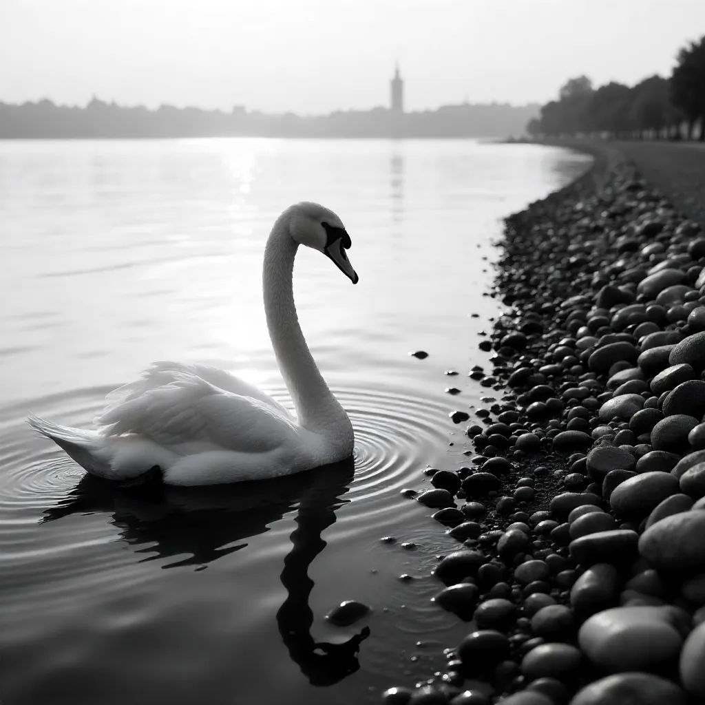 Serene Swan on Zagreb Pebble Shore in Black and White