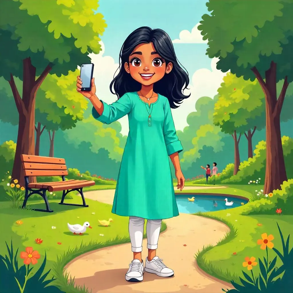 Parkside Cartoon Portrait: Young Indian Woman in the Park