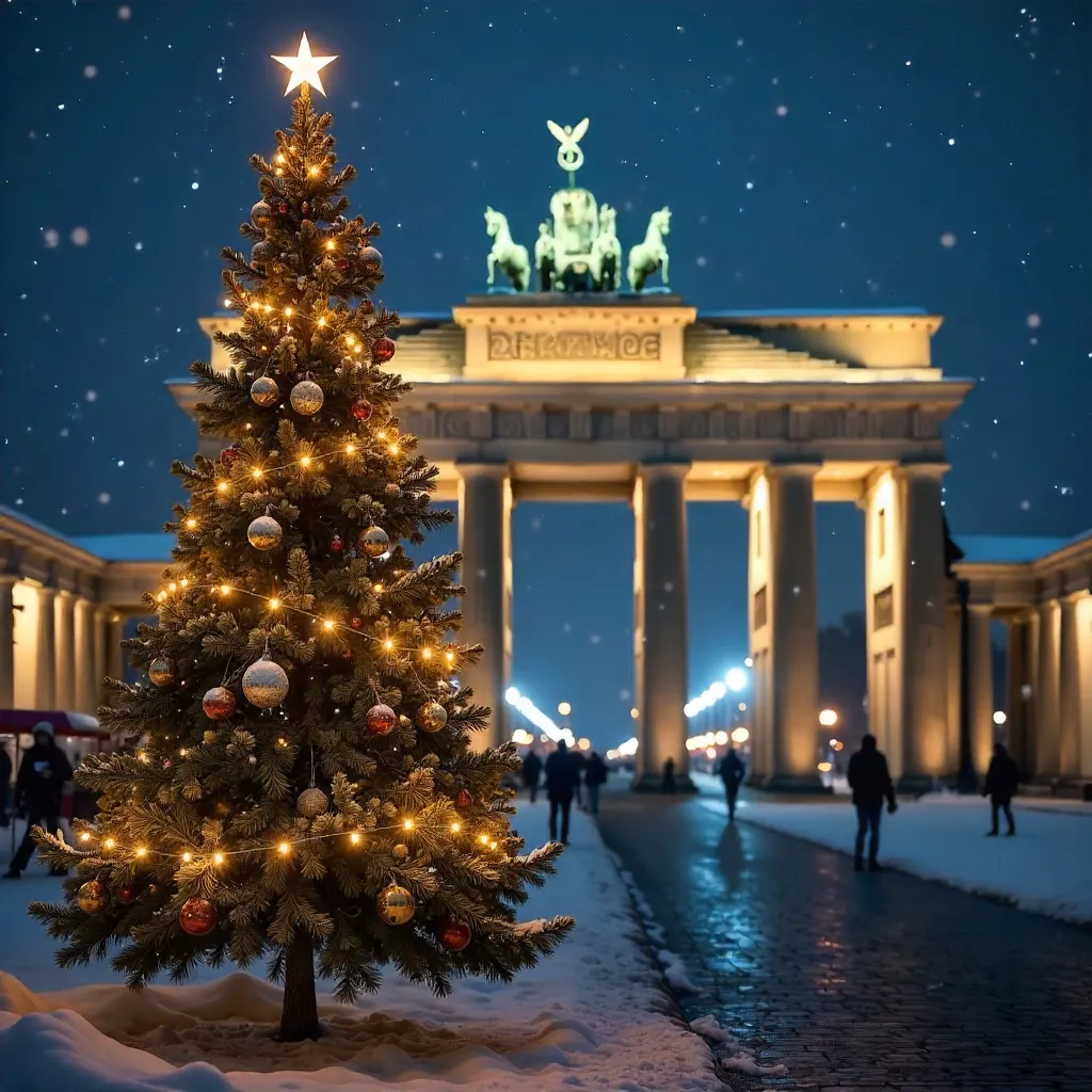 Snowy Christmas Tree Framed by Brandenburg Gate, Berlin