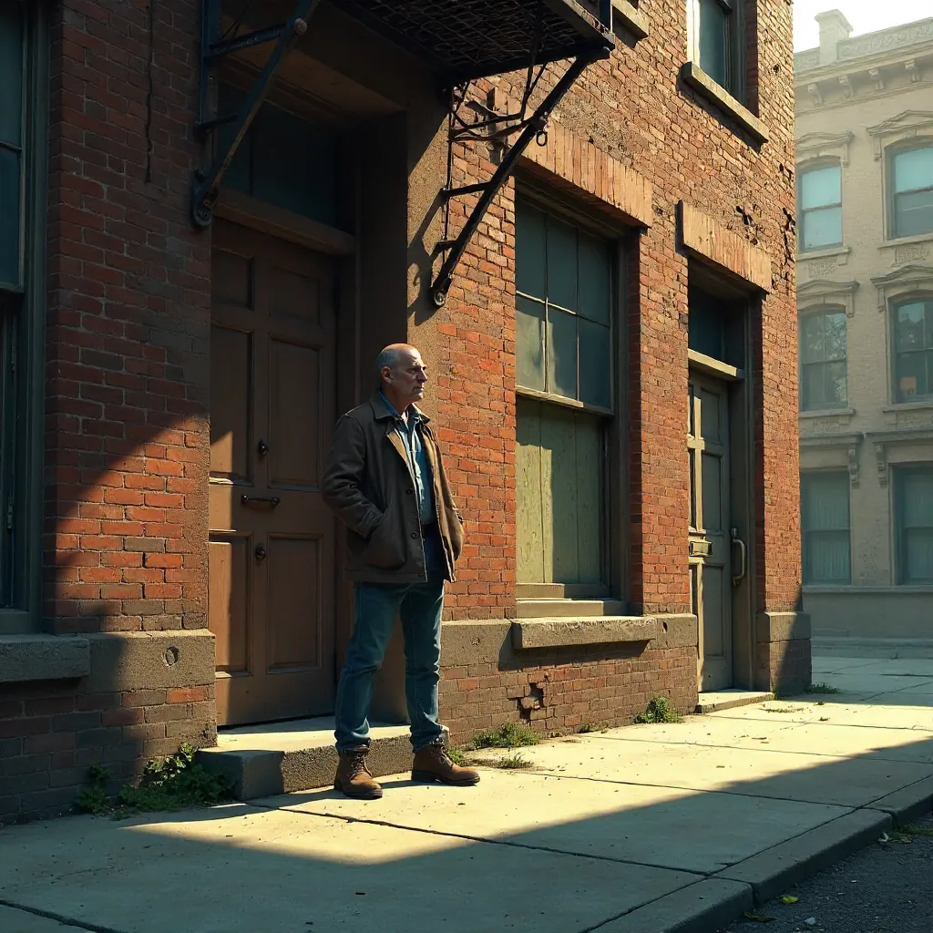 Shadowed Man by an Aging Facade