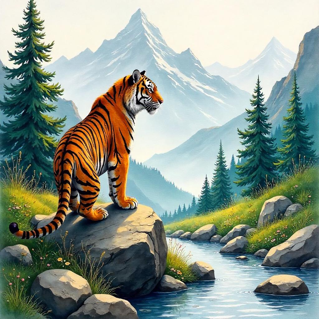 Tiger in a Misty Mountain Valley — Watercolor