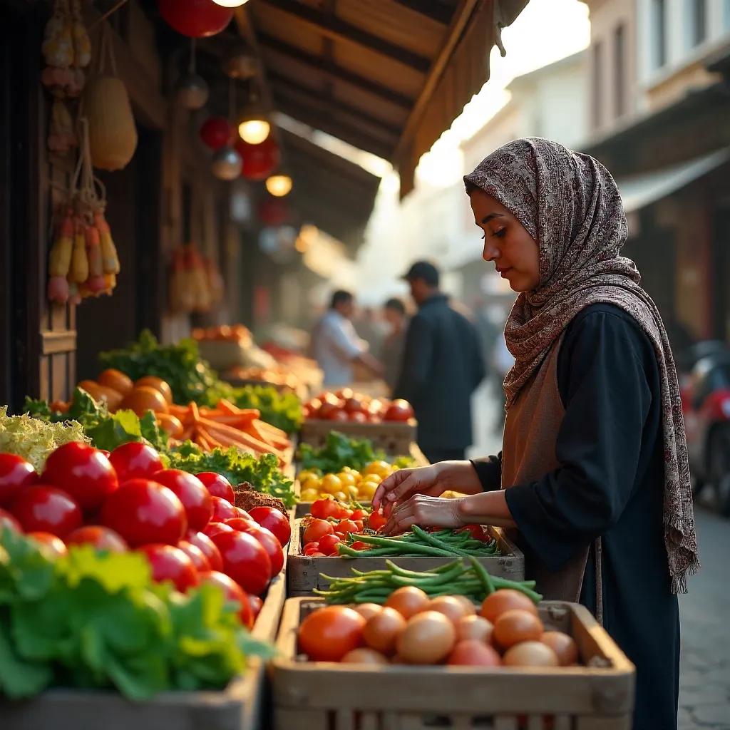 Vibrant Market Stall: Hijab-Clad Shopper Among Veggies