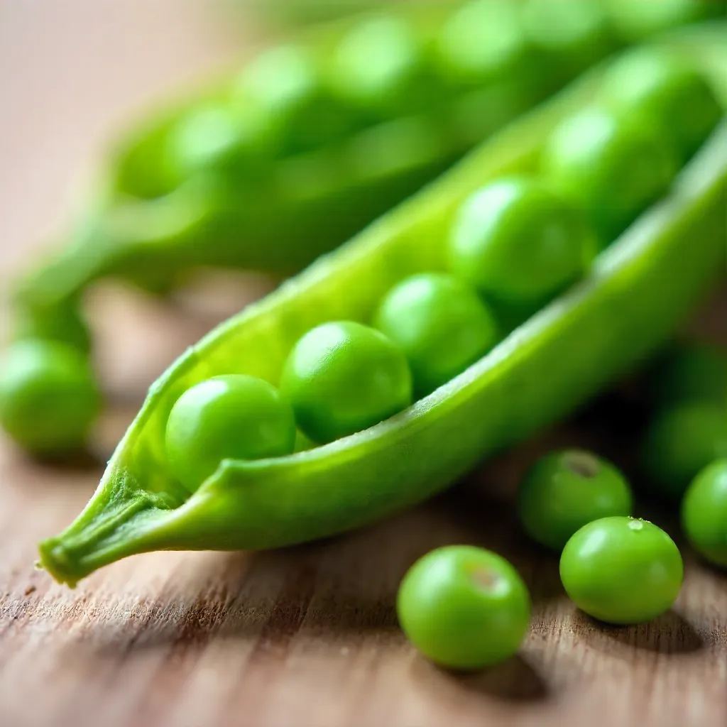 Macro Fresh Green Peas in Pod with Loose Peas