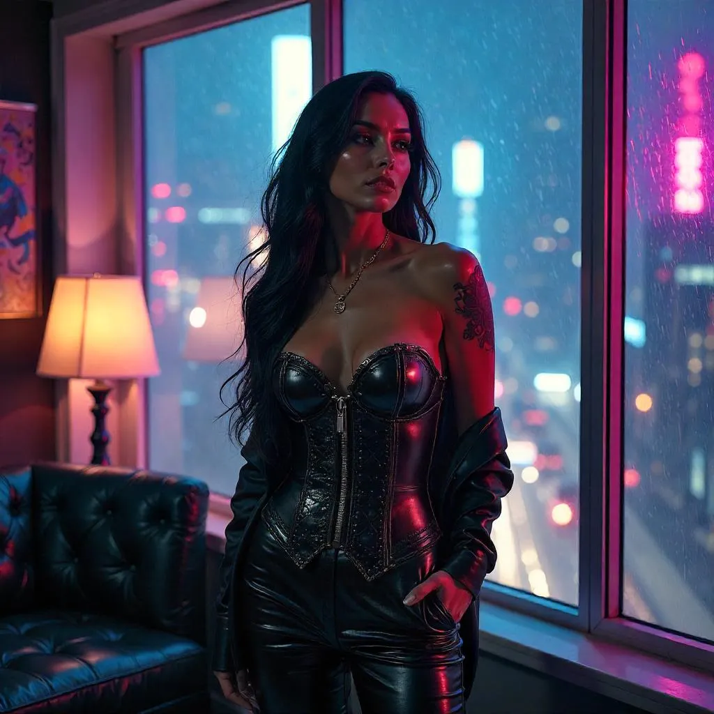 Elegant Latina Cyberpunk Woman in Neon Apartment