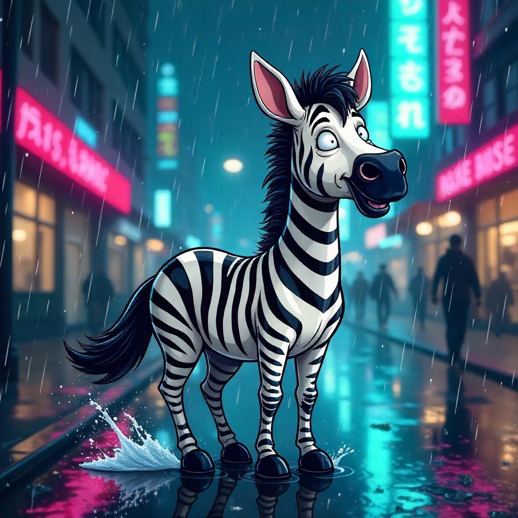 Zebra in a Heavy Rain Cartoon Style