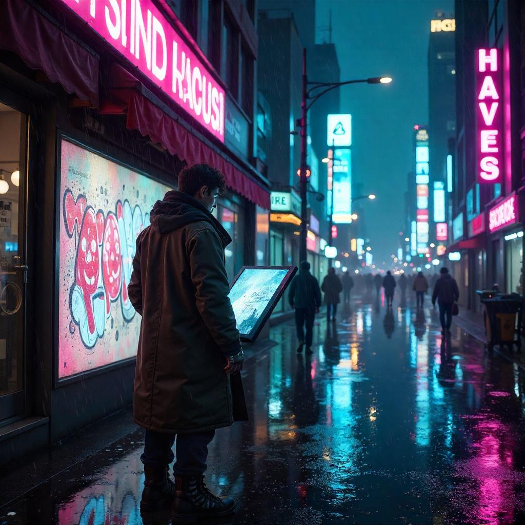 Neon-lit Painter in a Rainy Cyberpunk City