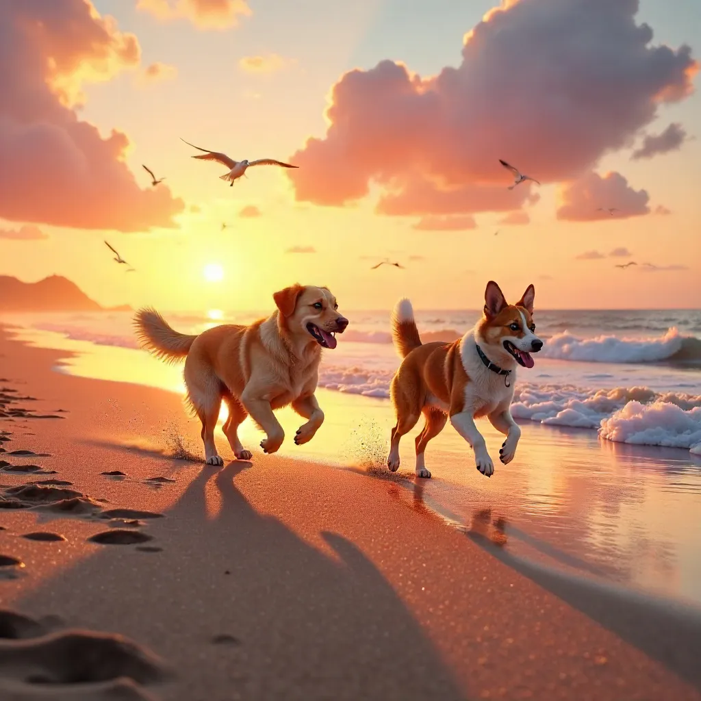 Two Dogs Frolicking at Sunrise Beach