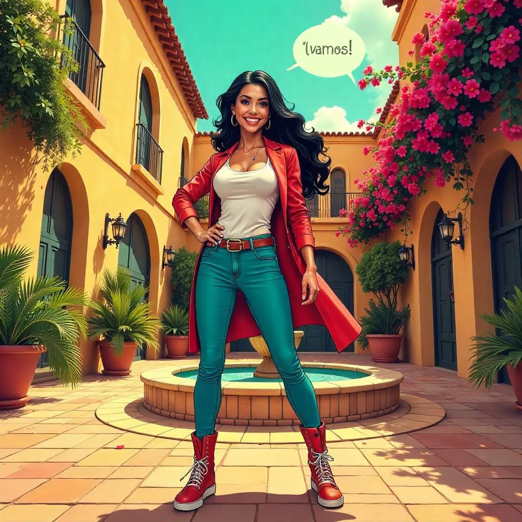 Cheerful Latina Hero in a Courtyard