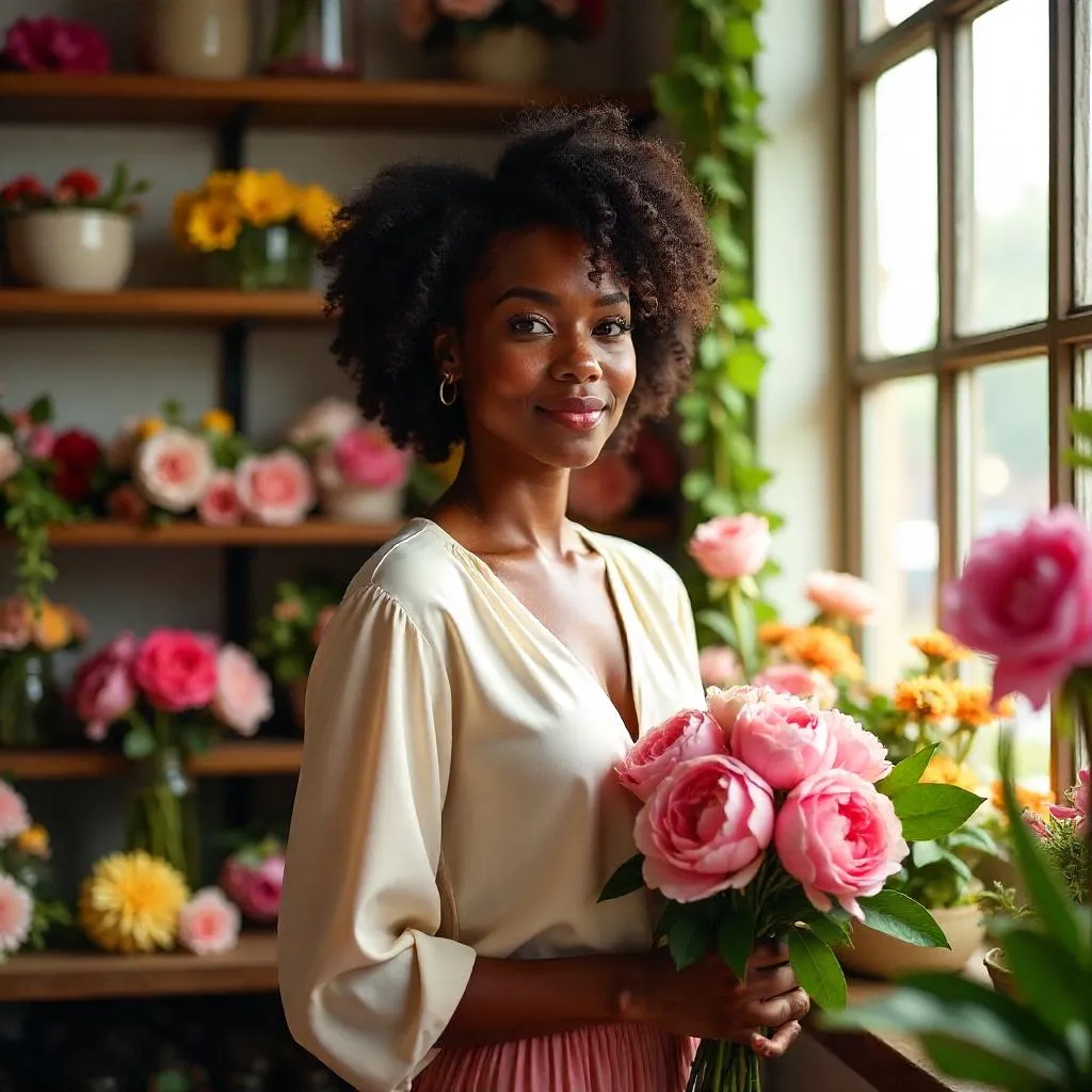 Sunlit Portrait of a Black Woman in a Flower Shop