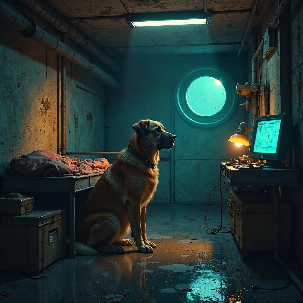 Loyal Dog in a Dim Concrete Bunker