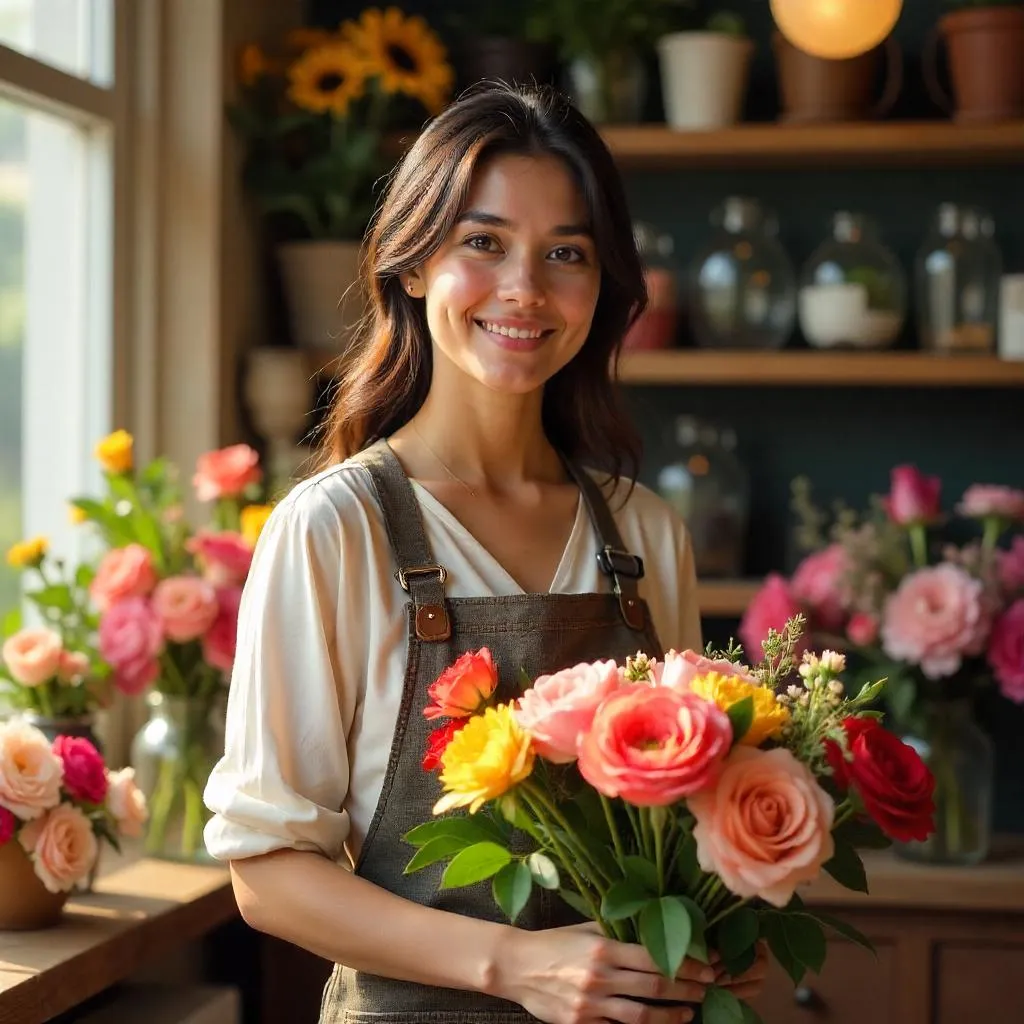 Young Latina Florist in a Sunlit Flower Shop